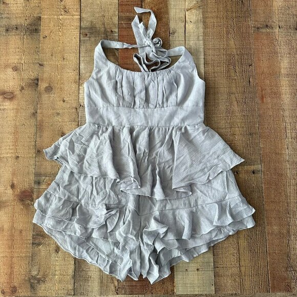 Selfie Leslie Womens gray ruffled sleeveless romper with halter tie top and back - Picture 1 of 11